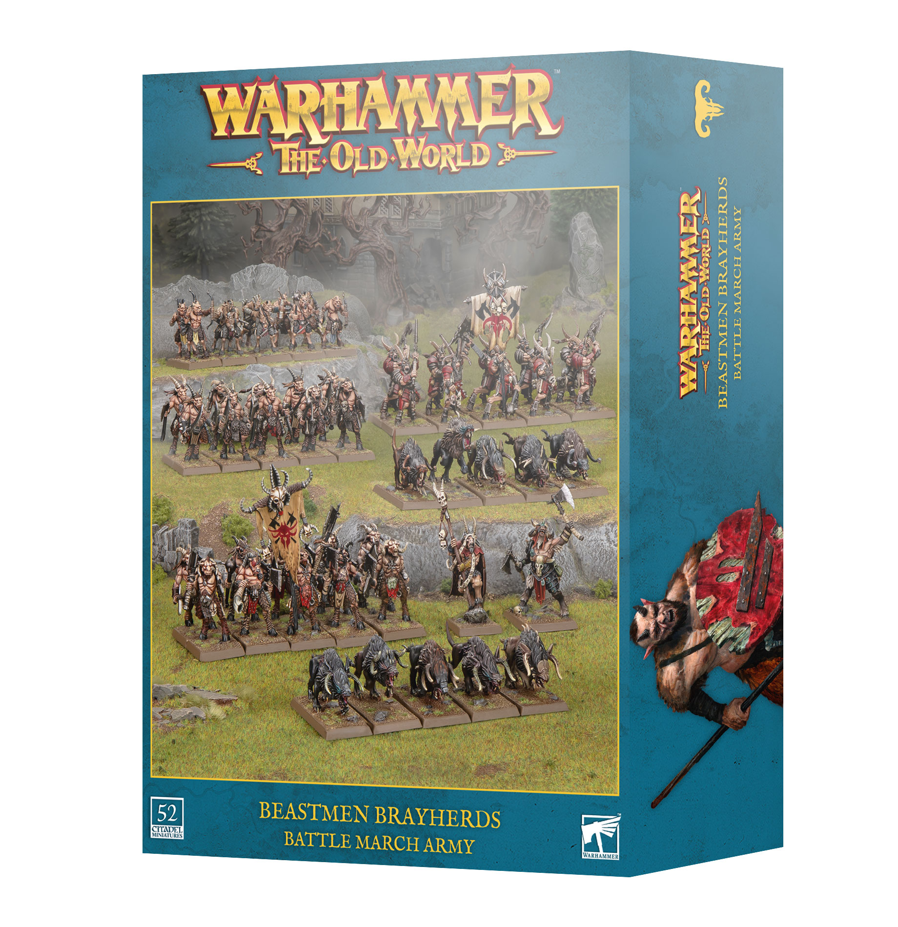 blue box with gold text and diorama of painted horned men miniatures