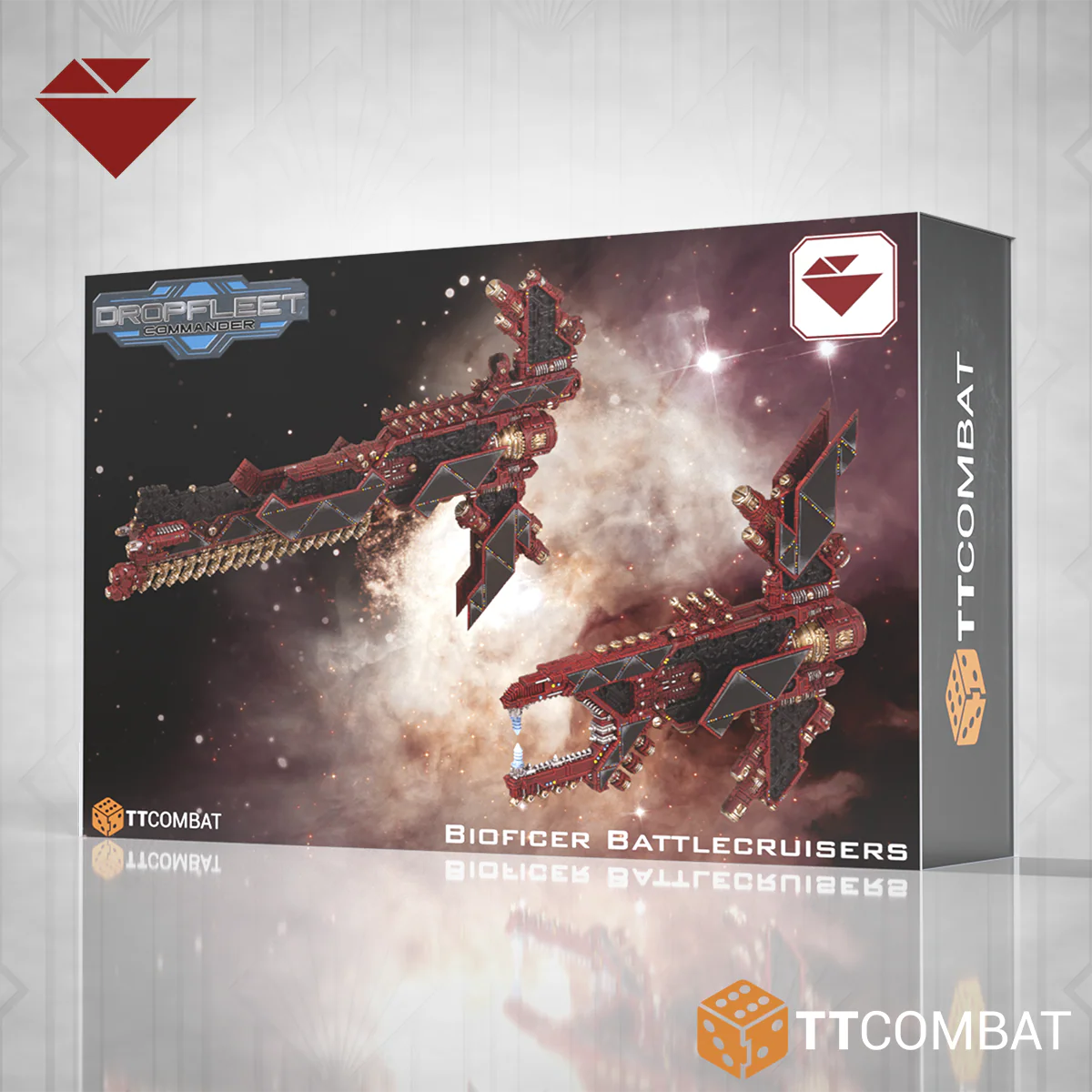 bioficer battle cruiser front of box featuring two red space ships
