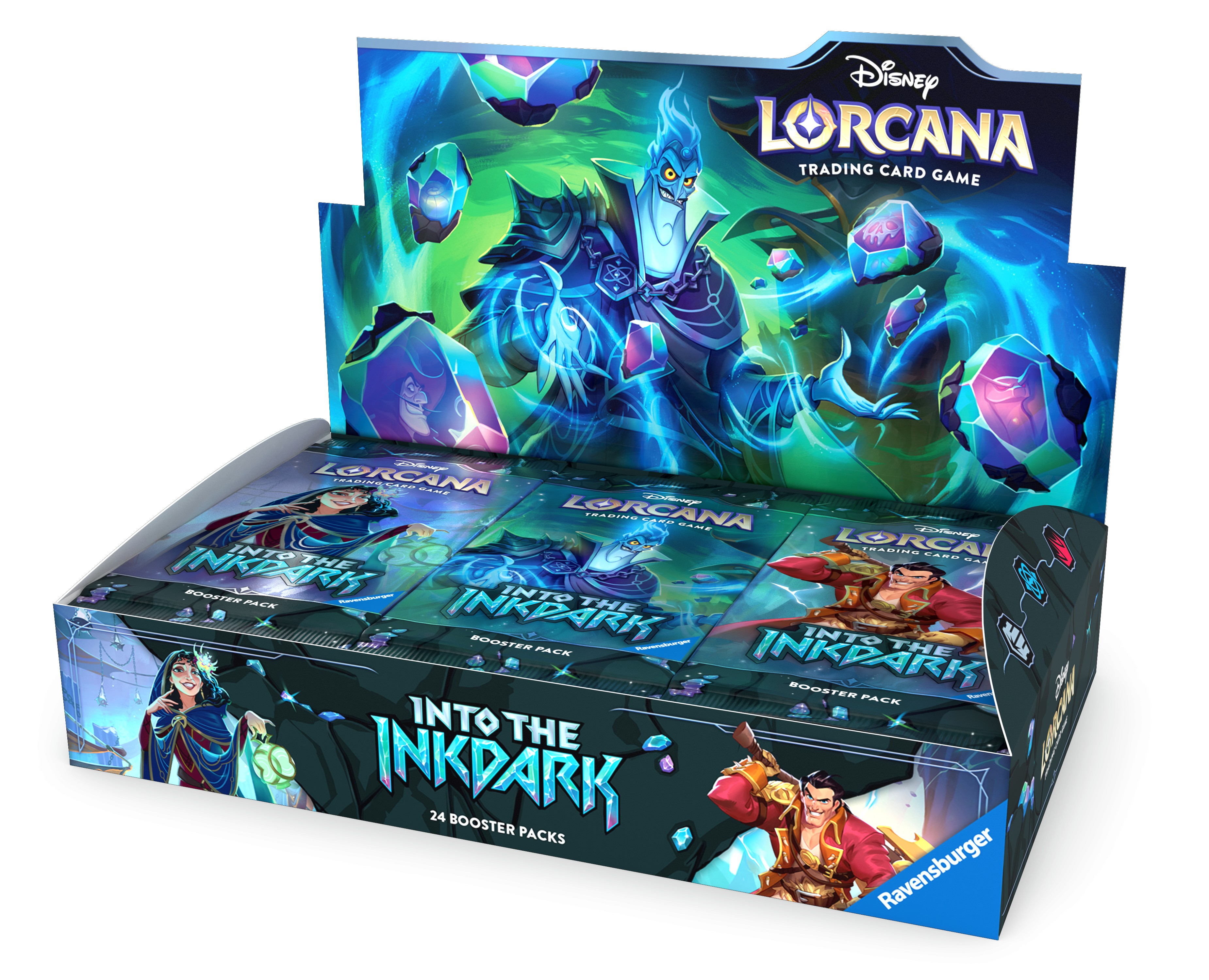 black and blue themed booster display featuring disney hades