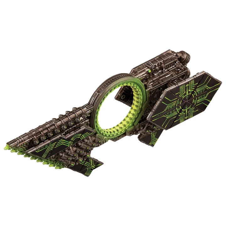 black and green space ship with ring in center and triangular plates on hull