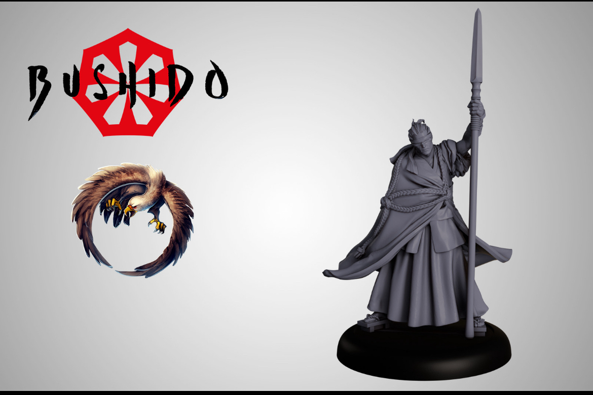 blind folded man with one arm and spear model render