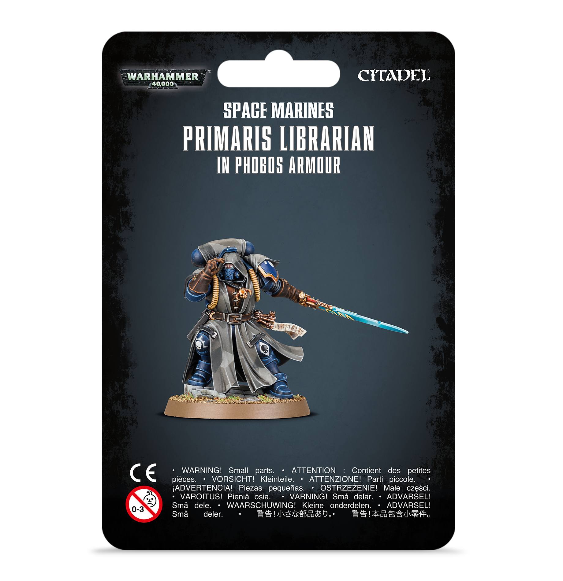 blister pack insert featuring painted miniature in blue armor and cowl with sword