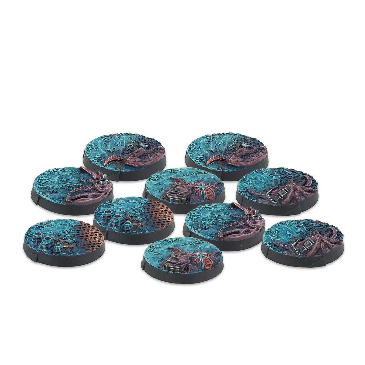 blue and purple painted alien themed round bases