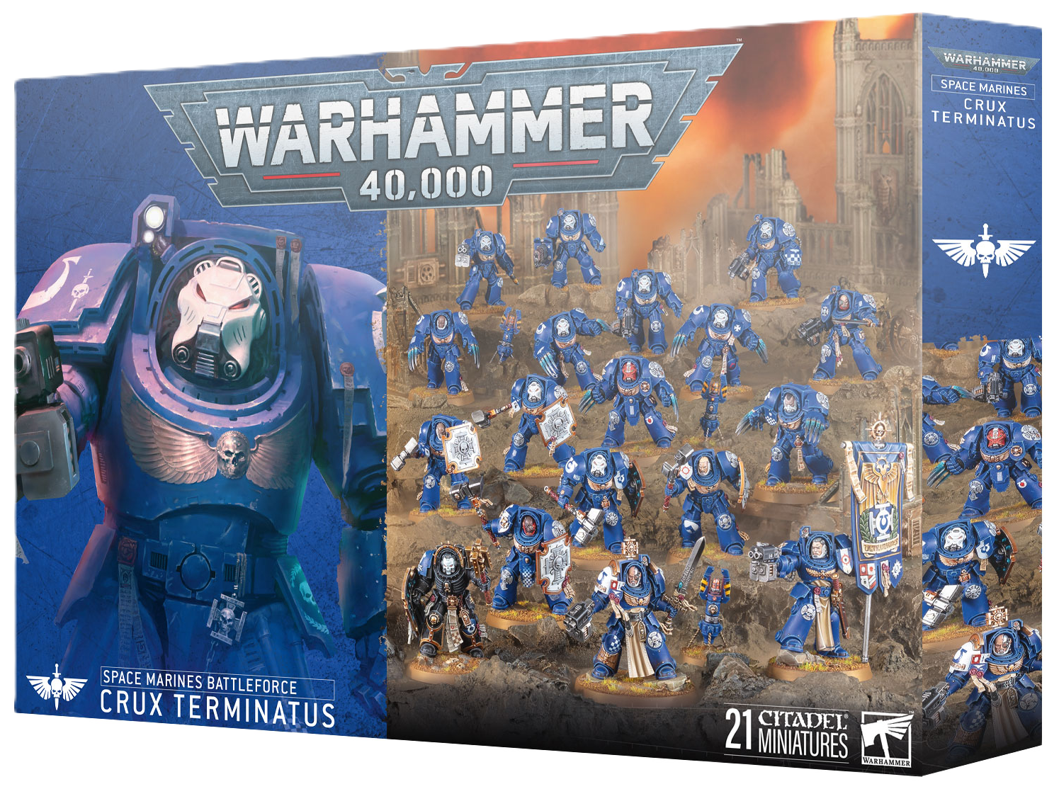 blue box featuring space marine art and image of space marine miniatures