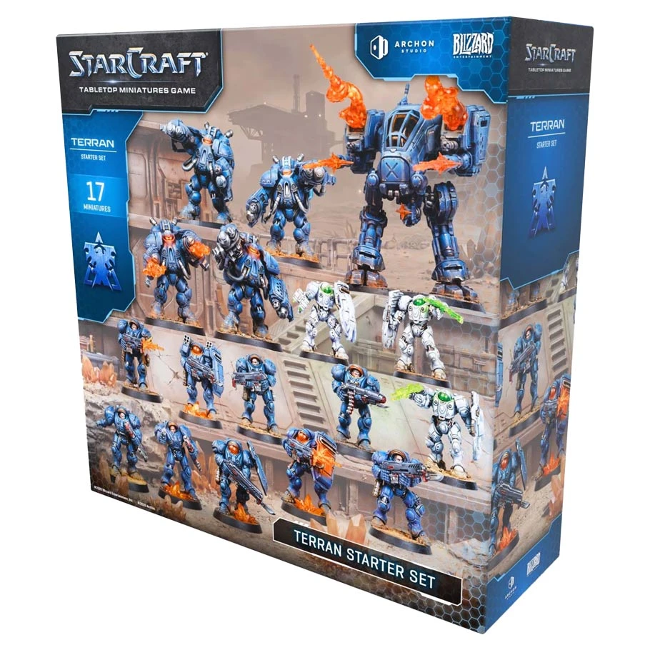 blue box with art of 17 painted armored soldier and robot miniatures