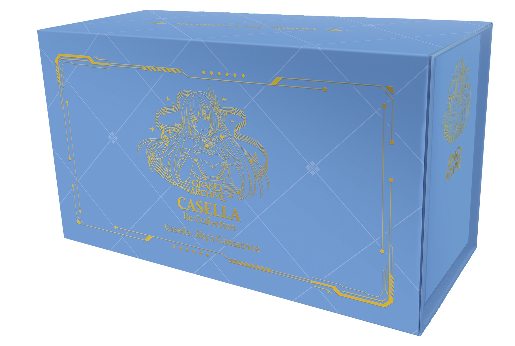 blue box with gold character line art