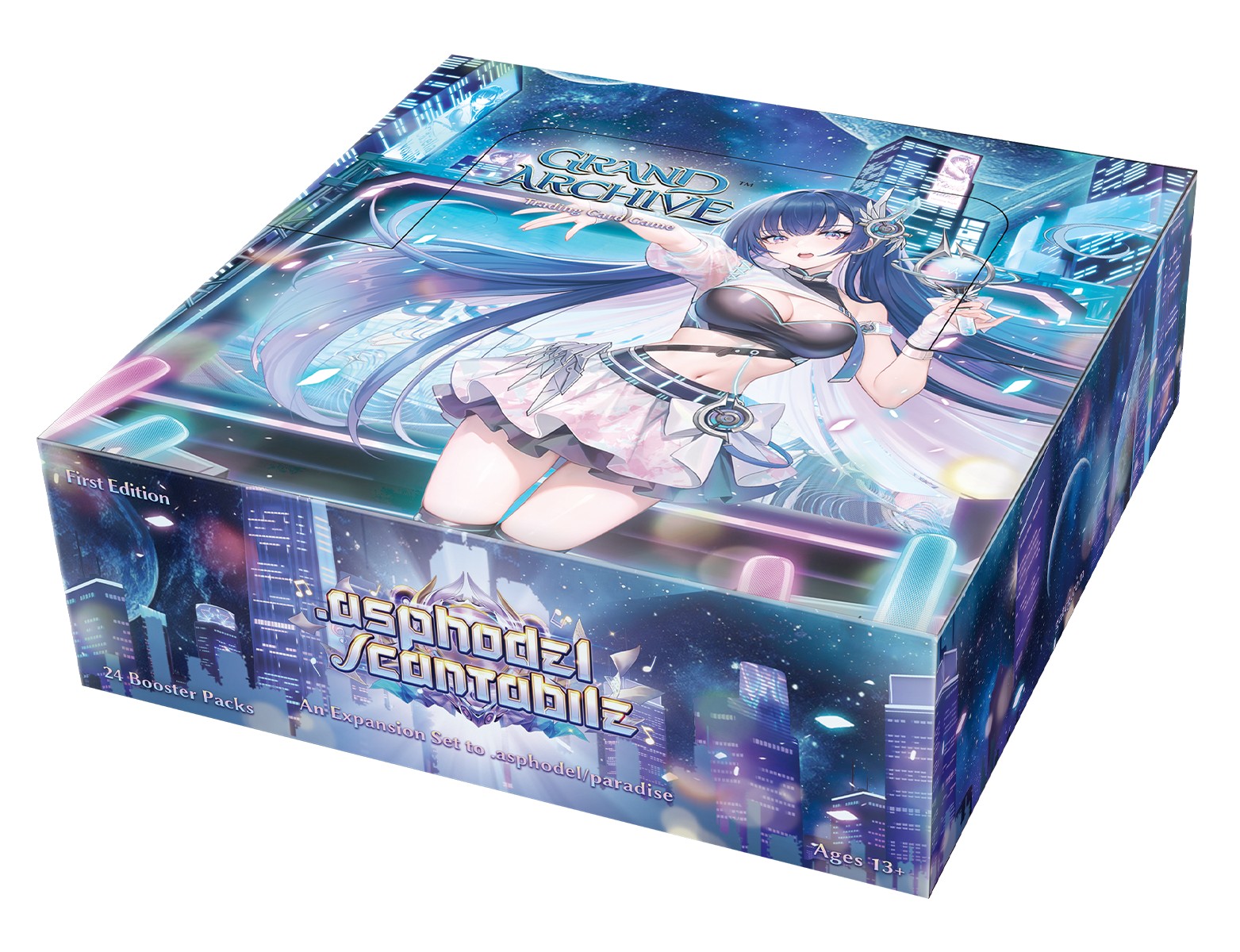 blue cityscape box with anime style art of blue haired woman in white skirt