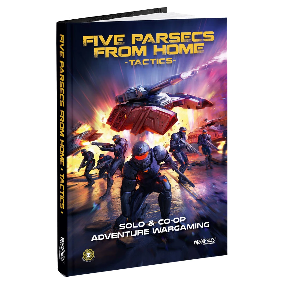 book cover featuring exploding flier behind six soldiers in blue and orange space suits