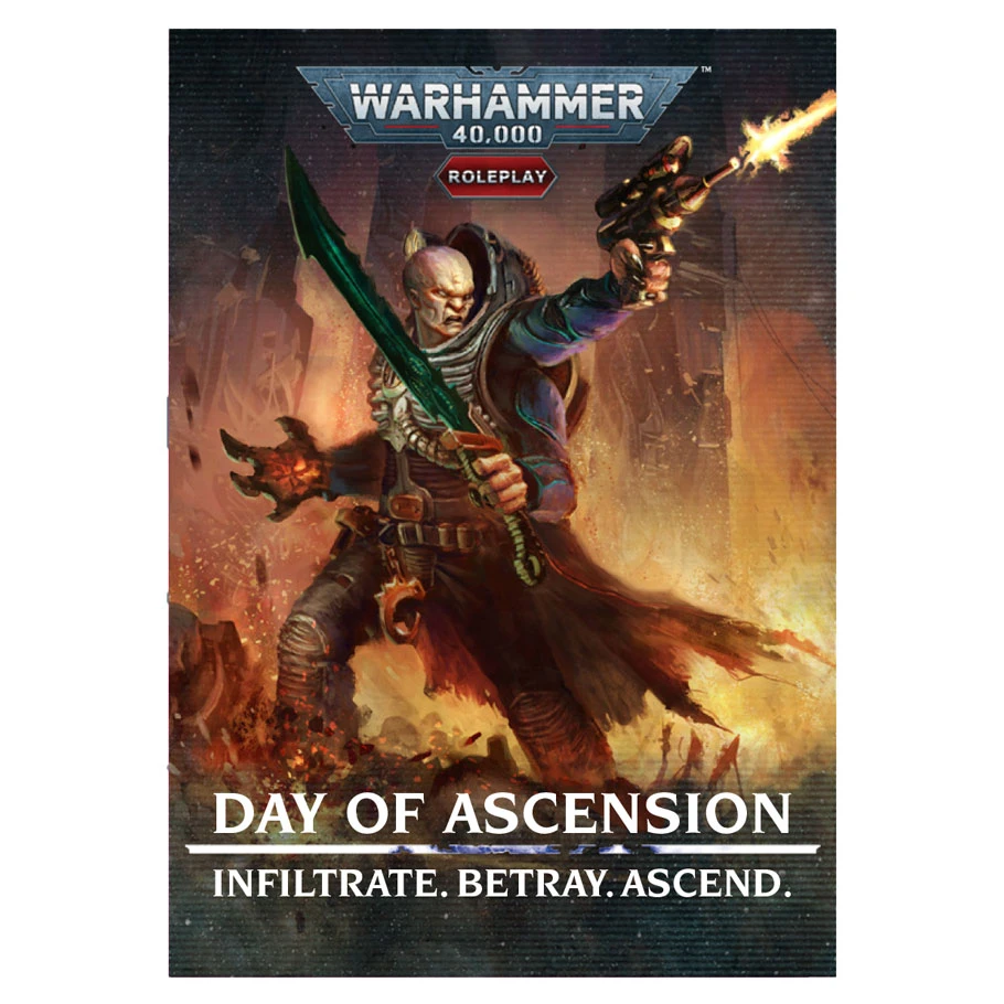box art featuring four armed character with gun and sword. Text reads: day pf ascension. Infiltrate. Betray. Ascend.
