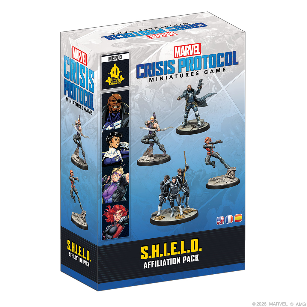 box featuring painted hawkeye nick fury black widow and shiled agent miniatures