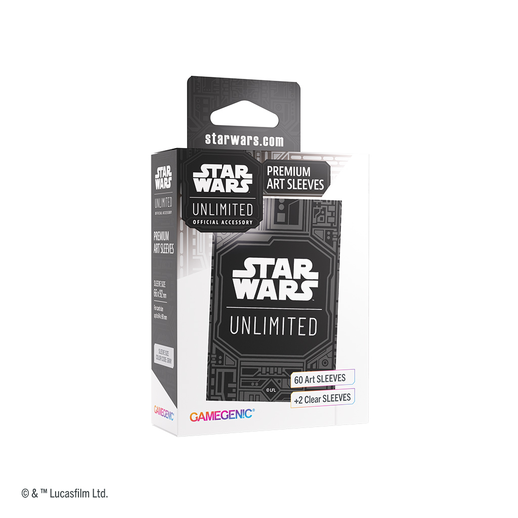 box of art sleeves in black with the star wars unlimited logo