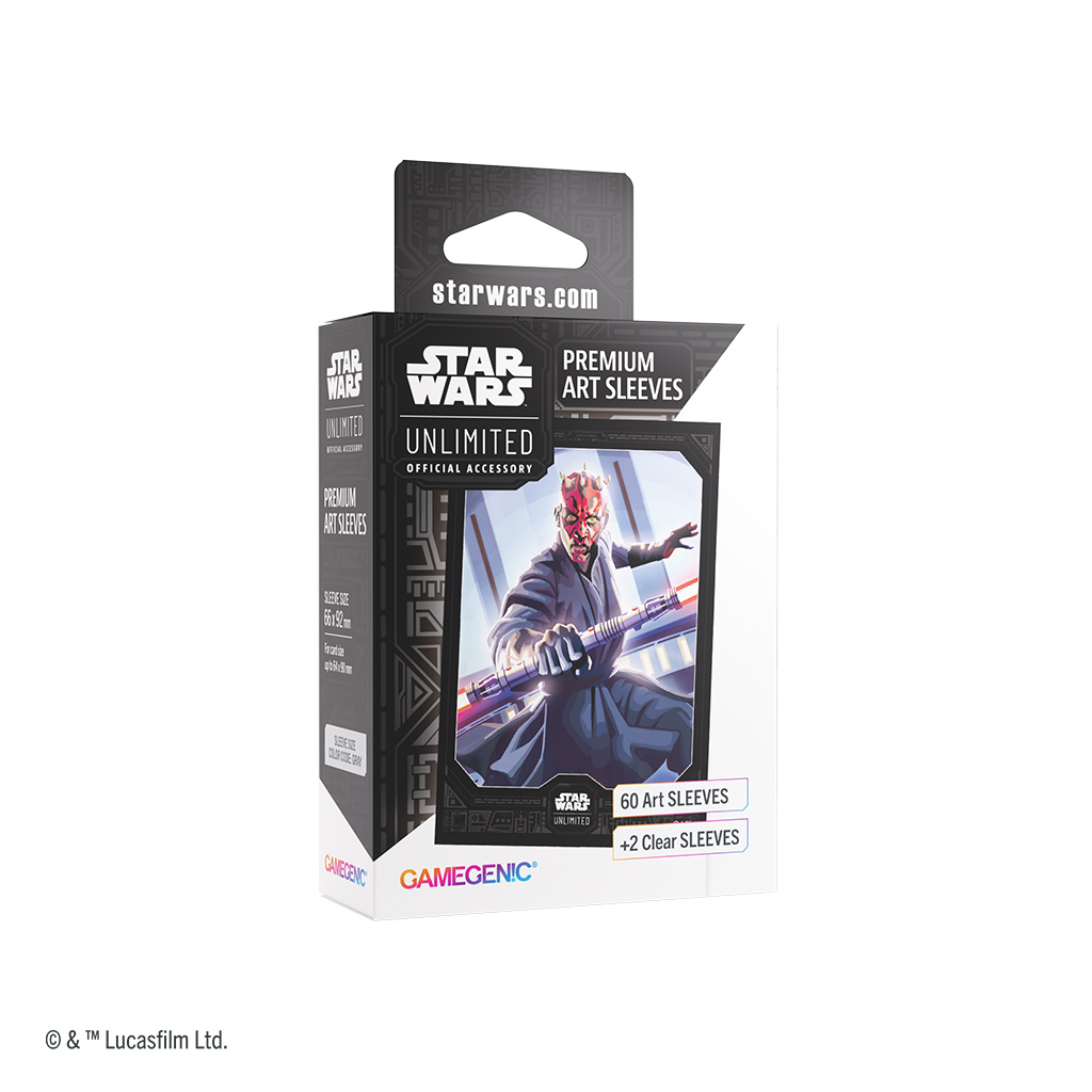 box of card sleeves featuring art of darth maul