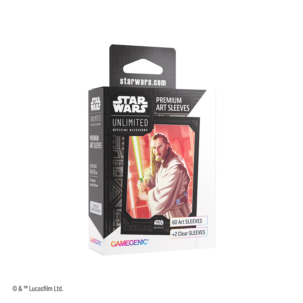 box of card sleeves featuring art of qui gon jinn
