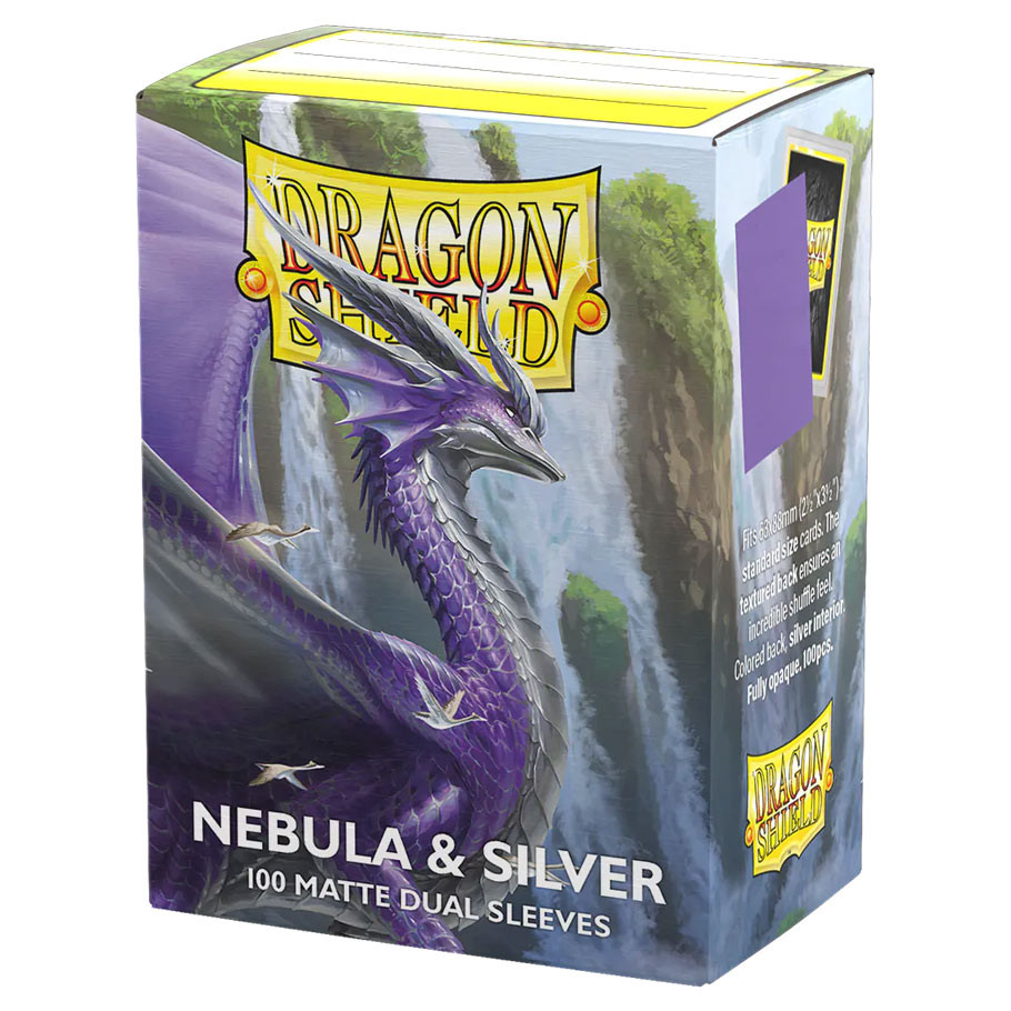 box of card sleeves featuring purple and silver dragon