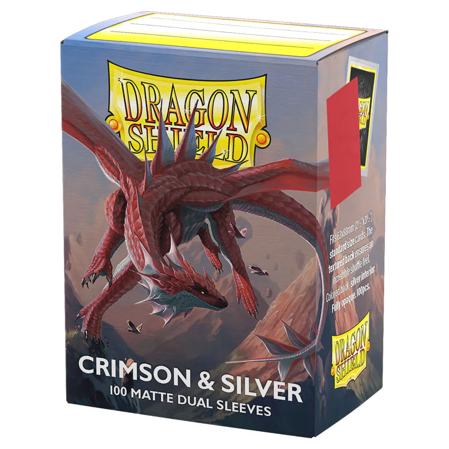 box of card sleeves featuring red and silver dragon