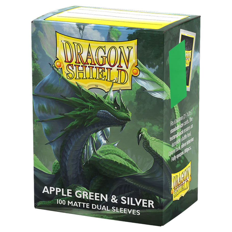 box of card sleeves featuring silver and green dragon