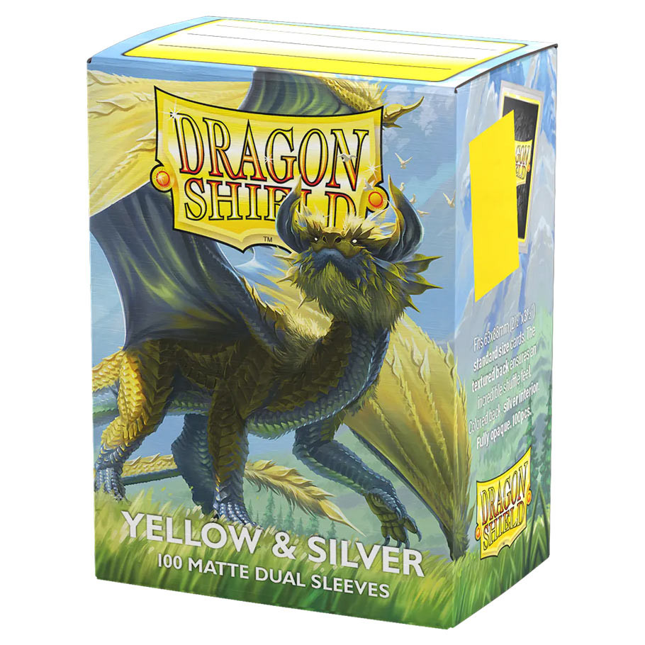 box of card sleeves featuring silver and yellow dragon