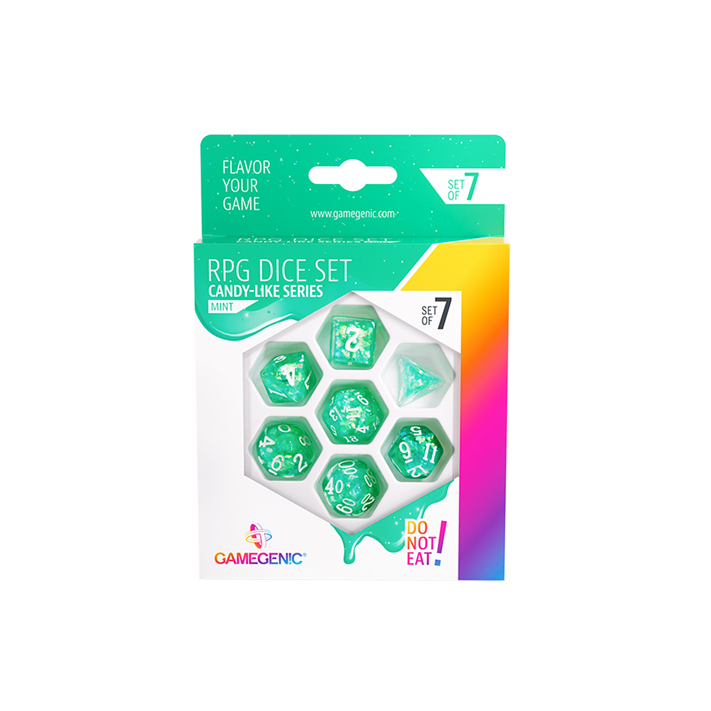 box of seven mint green dice