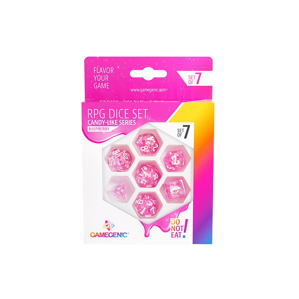 box of seven pink dice