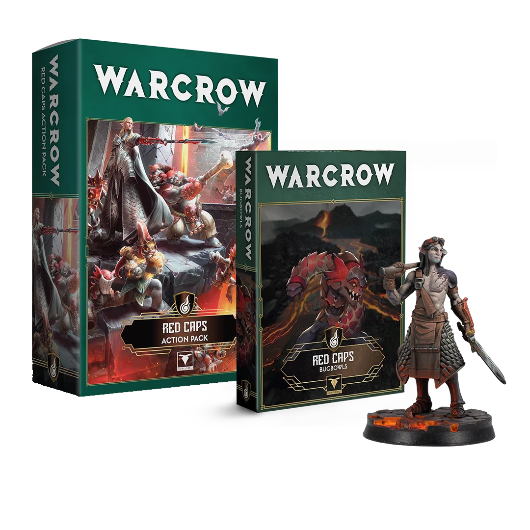 large box featuring art of elf commander surrounded by lava goblins, small box featuring art of single lava goblin, and painted elf blacksmith miniature