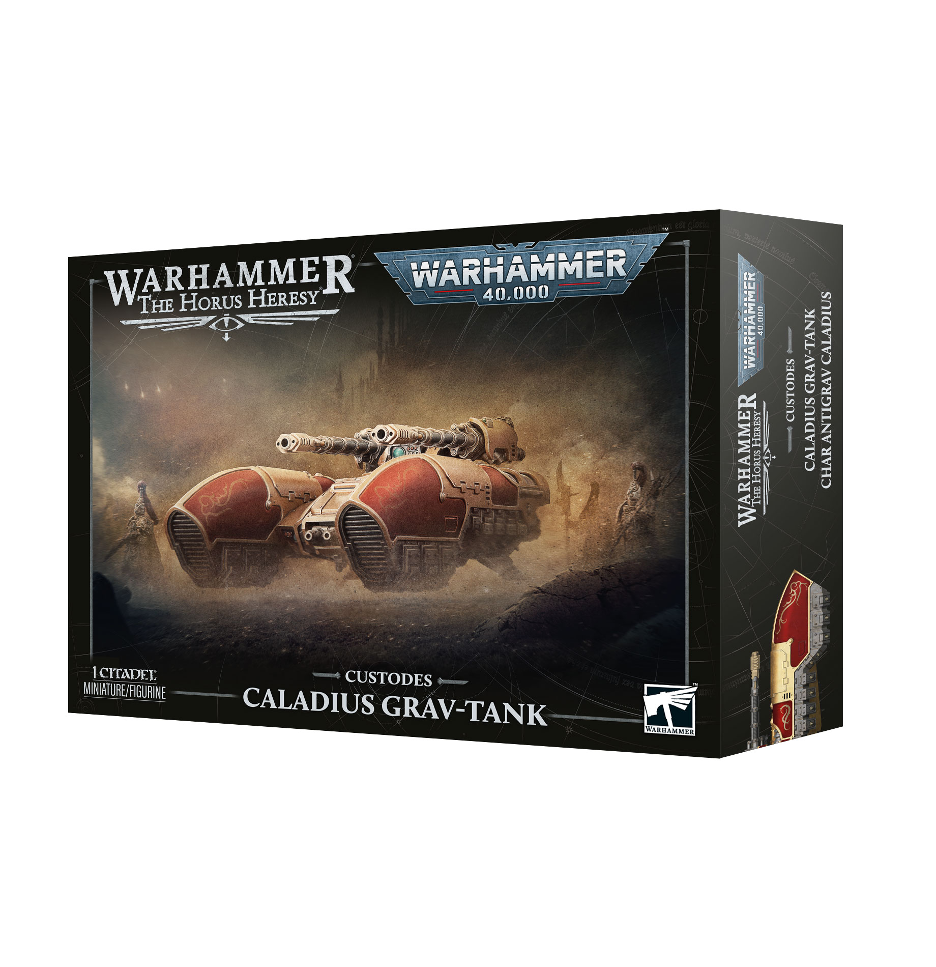 front of box featuring art of a two pronged hovering vehicle painted red and gold with two long gun barrels mounted on the two back corners