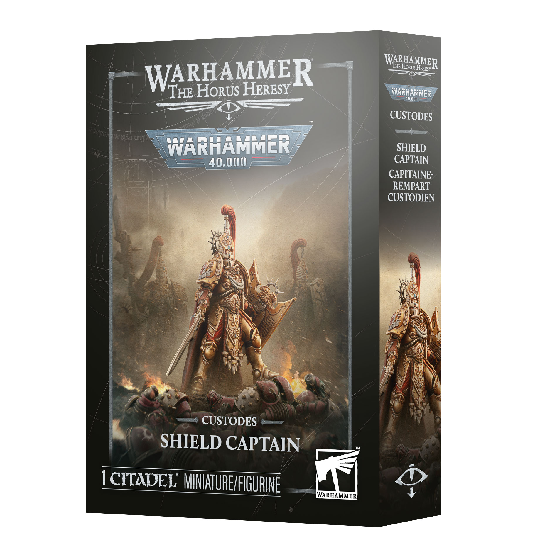 front of box featuring art of custodes captain in gold armor and red cloak wielding sword and shield and standing on the bodies of fallen space marines in red power armor