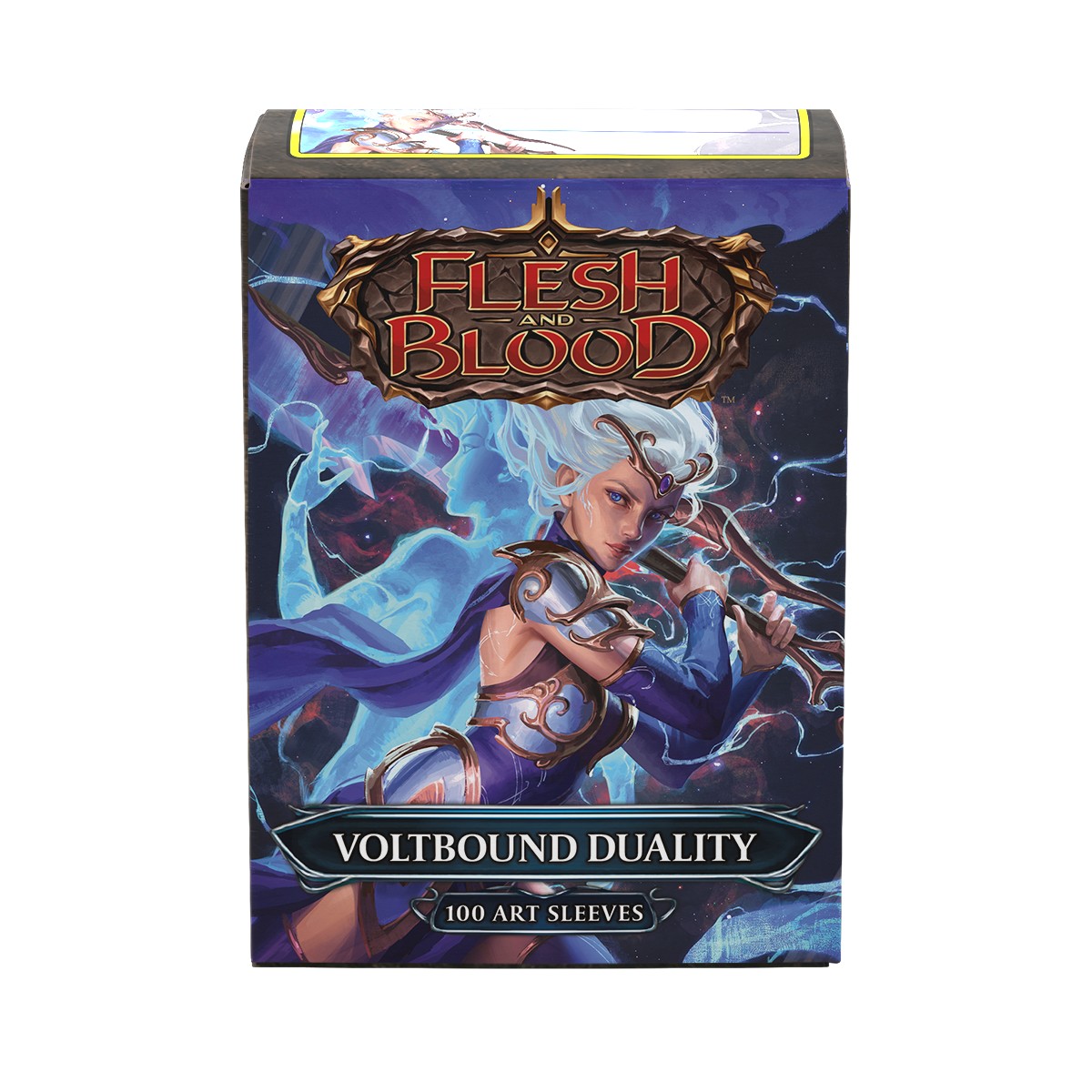 card sleeves box featuring volt bound duality card art