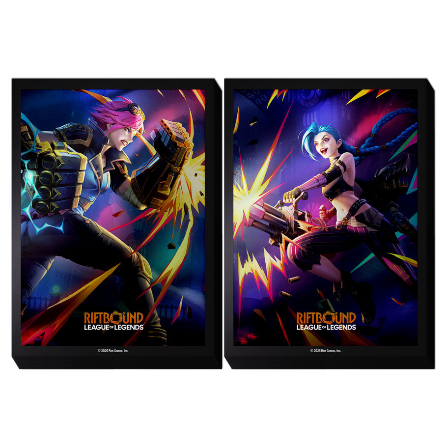 card sleeves each featuring half of vi and jinx dueling art