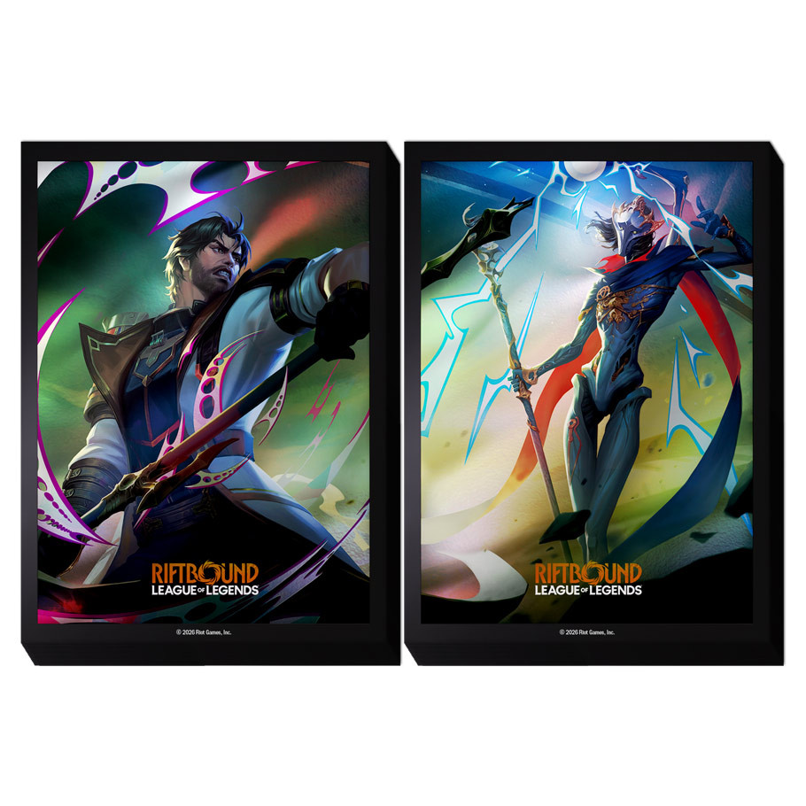 card sleeves featuring jayce and viktor dueling art split in half