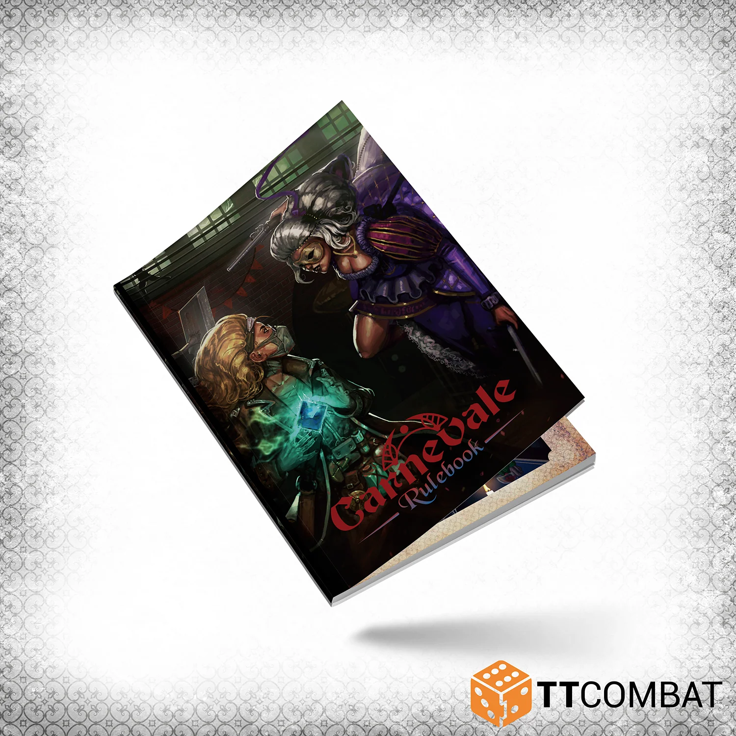 carnevale rule book cover featuring art of a magic user holding a glowing cube and a woman in a masquerade mask with guns