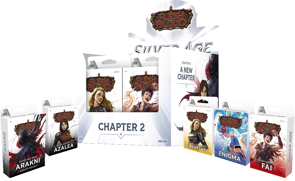 open deck display next to five decks featuring flesh and blood characters arakni, azalea, dorinthea, enigma, and fai