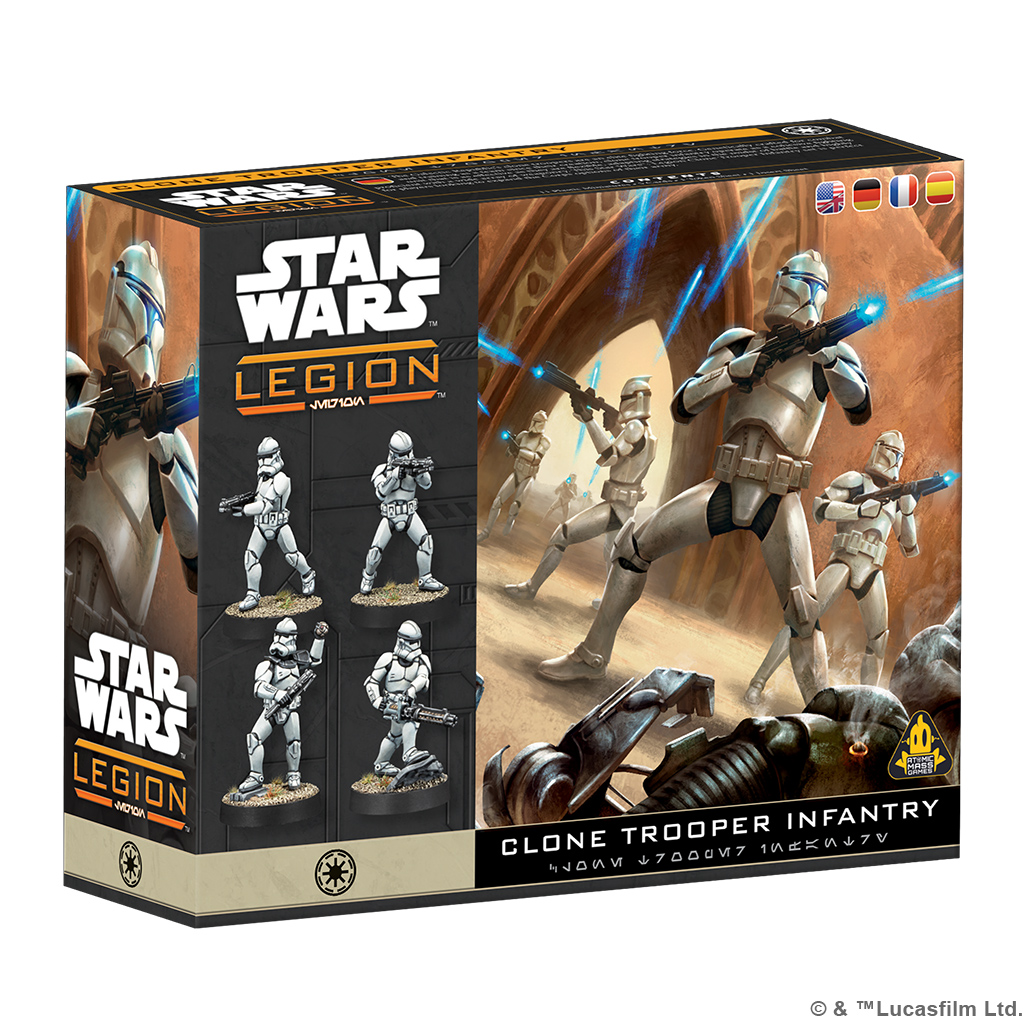 clone trooper infantry box featuring art of clones firing and image of four painted miniatures