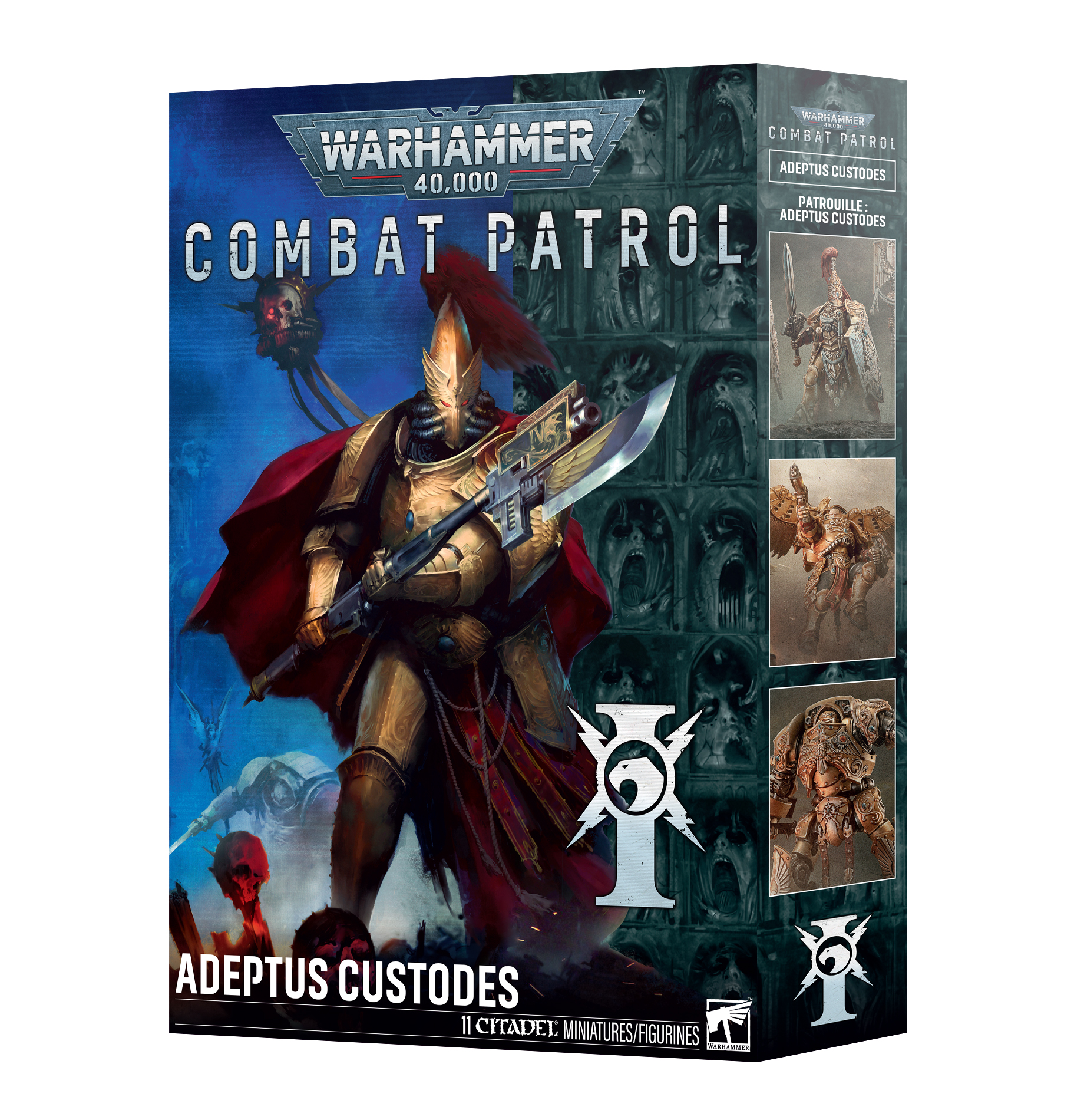 front of box featuring art of warrior in gold armor and red cloak. The short side of the box shows three images of painted models from within the box