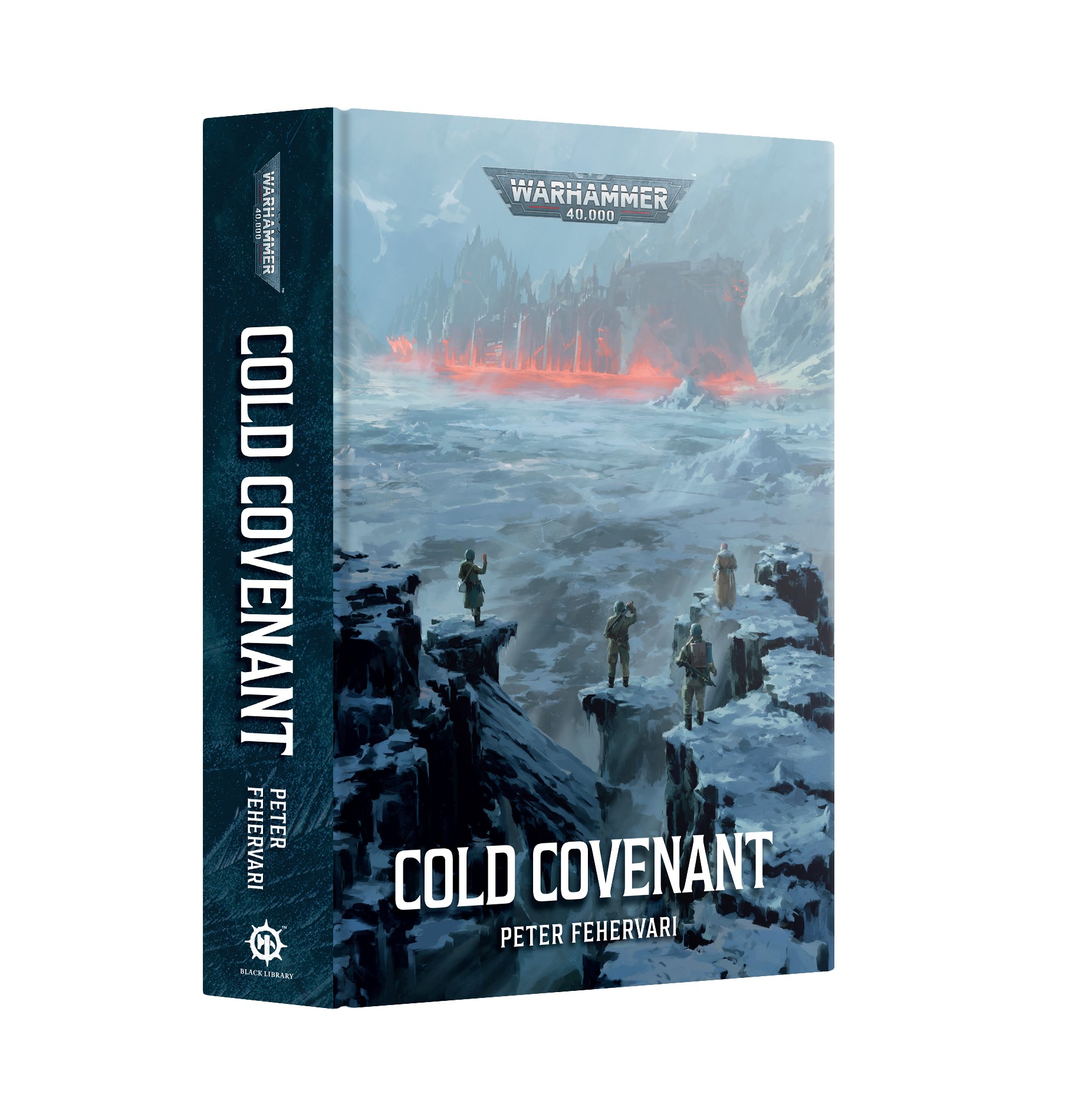 book cover featuring four small figures standing on icy cliffs looking out toward gothic ruins that glow red, perhaps with fire or underground lava