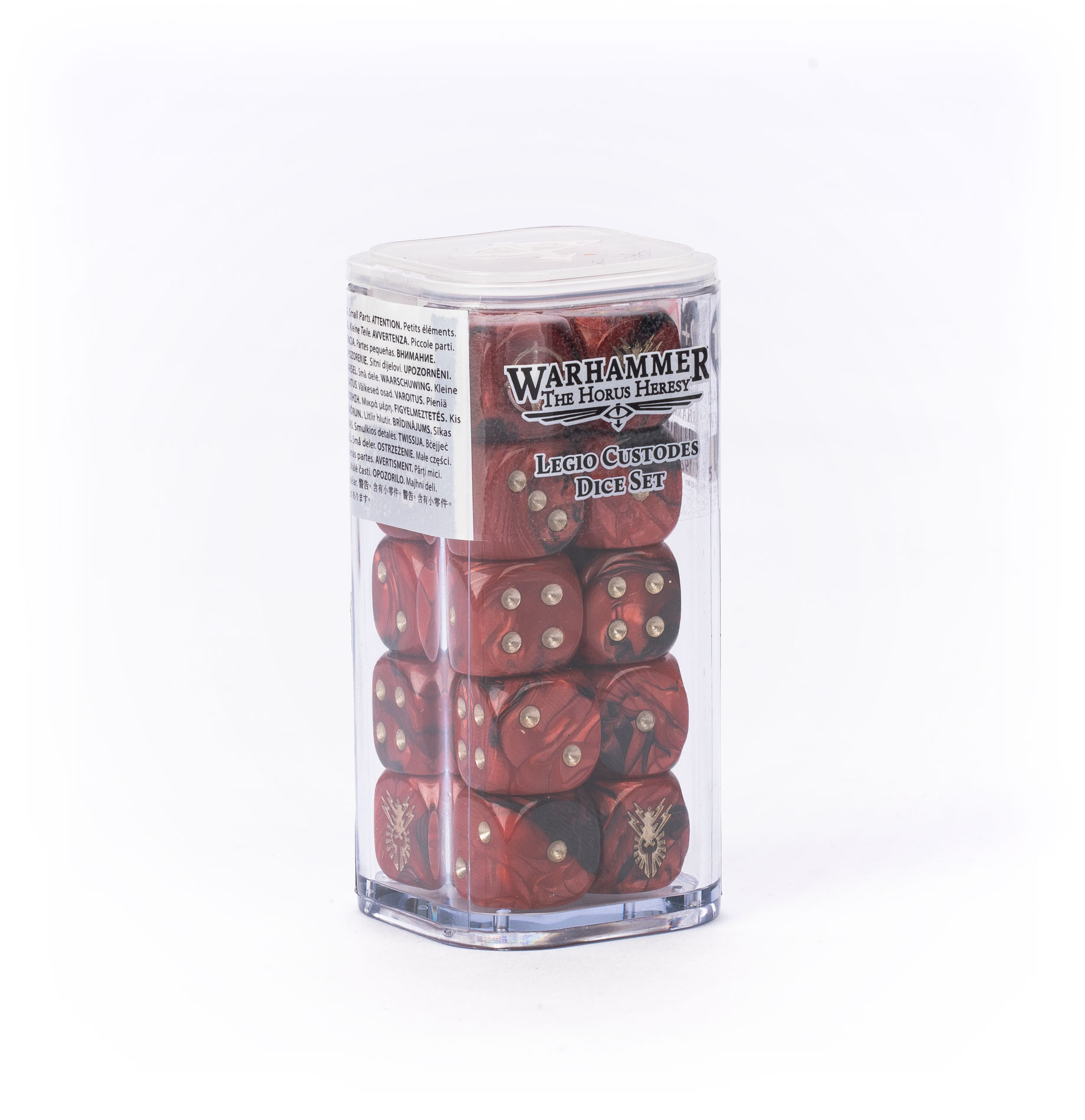 plastic tube filled with four vertical stacks of red and gold dice