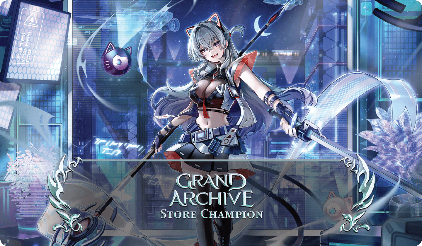 champion play mat with text grand archive store champion and art of a white haired anime woman with sword, staff, and cyber cat ears