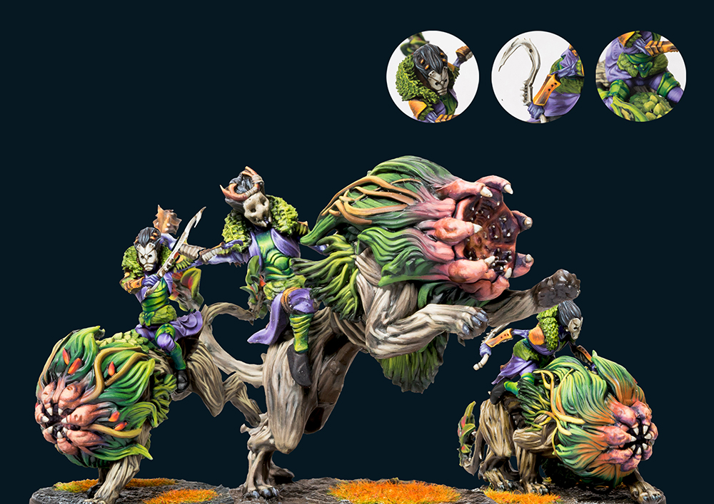 dagger wielding insect people riding lions with orifice faces painted miniatures