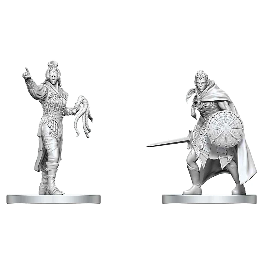 digital miniature renders of female dark elf with whip and male dark elf with spiderweb shield