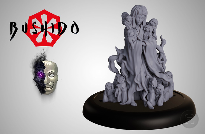 digital model render of woman with tiny babies or dolls