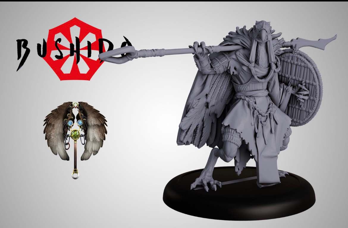 digital render of bird man with spear and shield