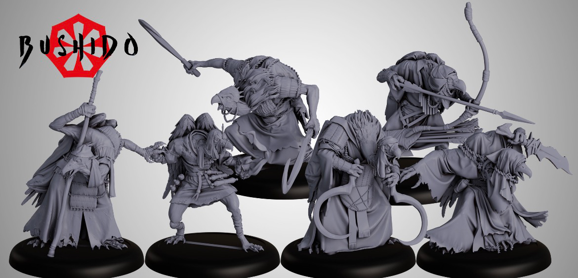 digital render of six vulture men miniatures