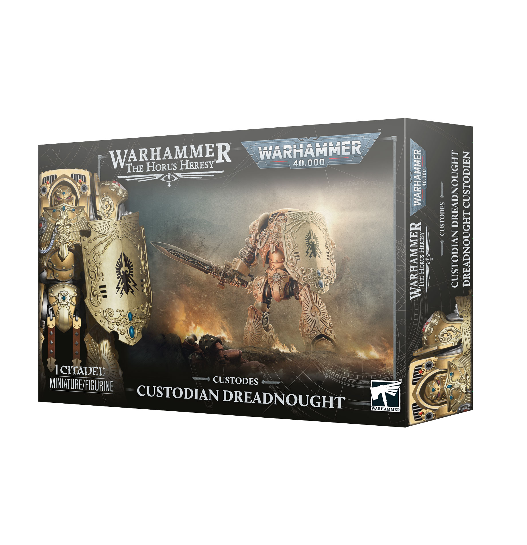 front of box featuring art of a large golden mech suit wielding a giant golden sword and shield