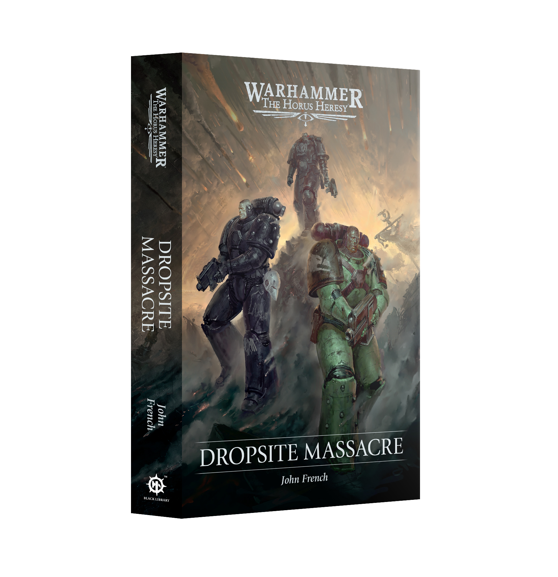 book cover featuring three space marines in black, black and white, and green power armor, respectively. asteroids rain down around them as they move slowly through the ruins of a battlefield