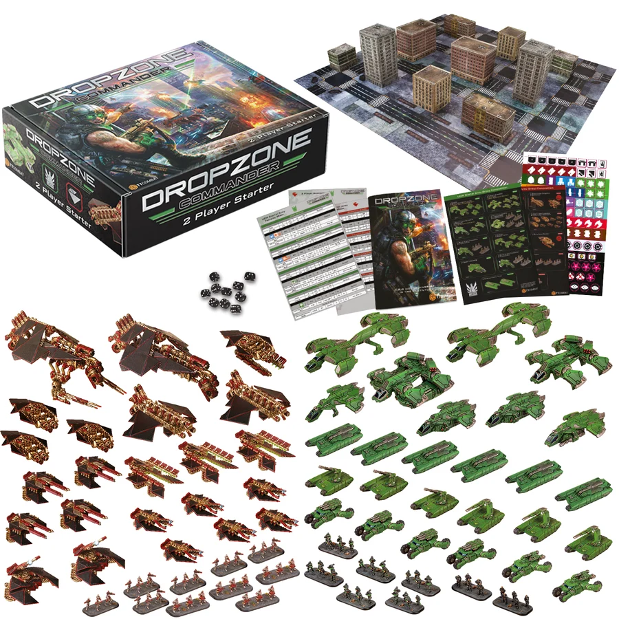 drop zone commander third edition starter contents of painted miniatures rule books card board terrain and dice
