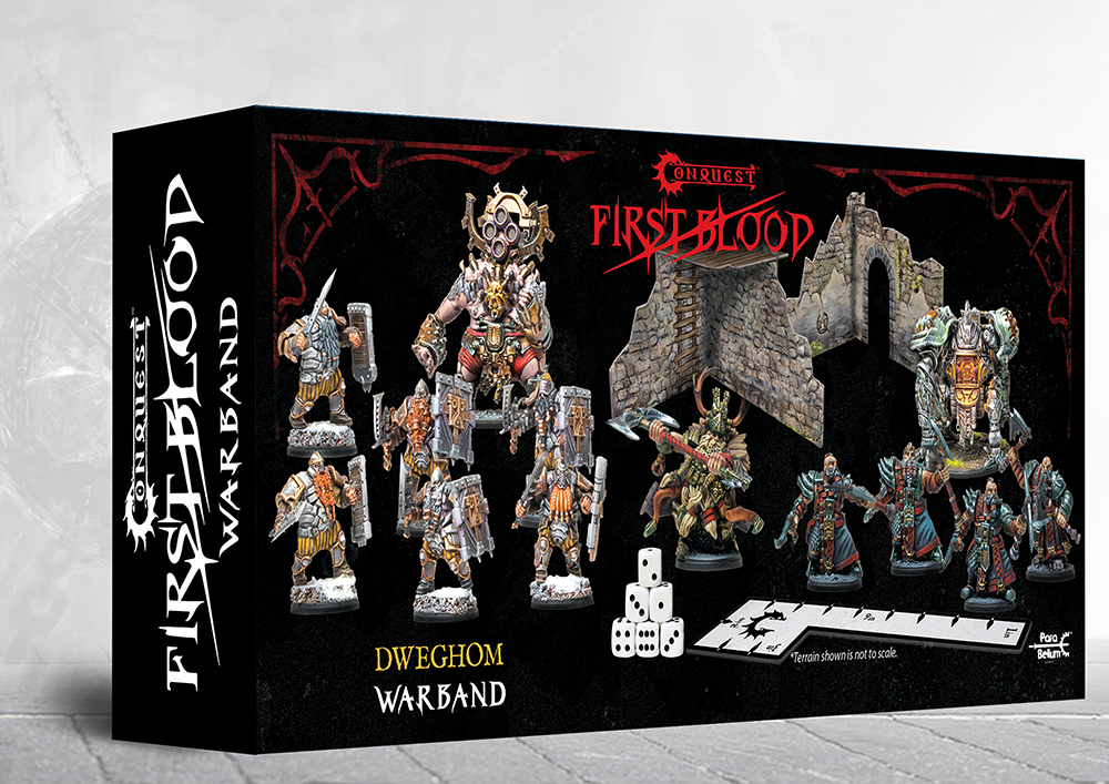 back of box with painted dwarves wielding axes and shields