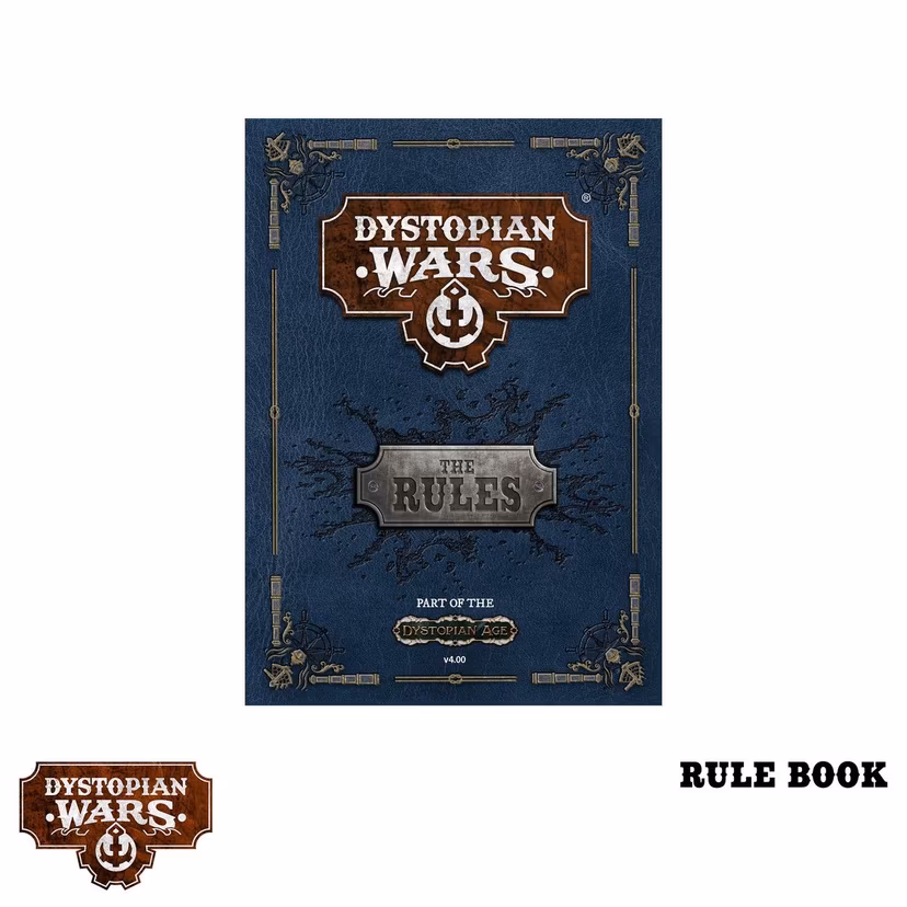 dystopian wars rule book with navy cover that reads 'the rules'