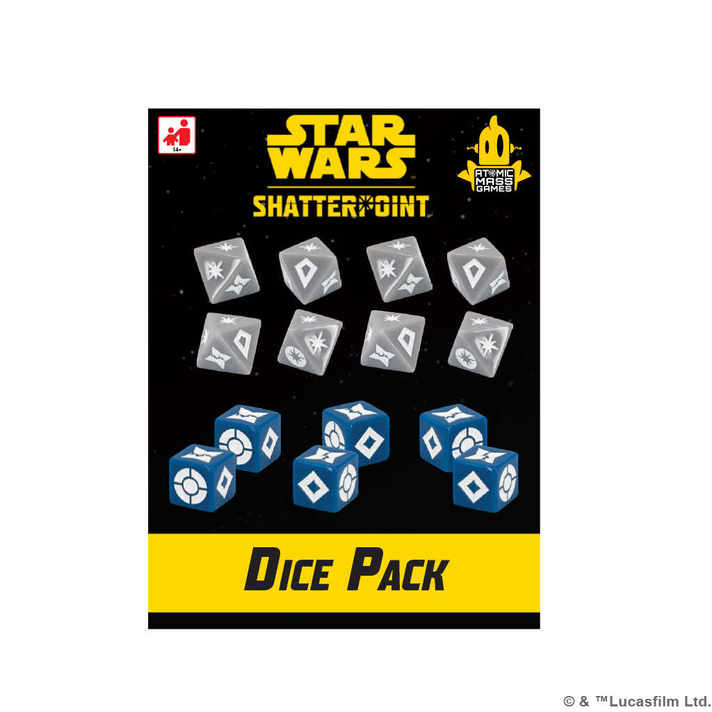 eight gray dice and eight blue dice with customer shatterpoint iconography