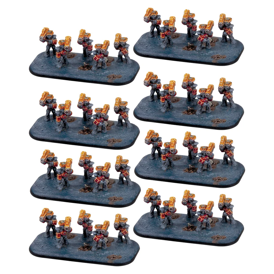 eight painted bases of five grey aliens with rocket launchers each