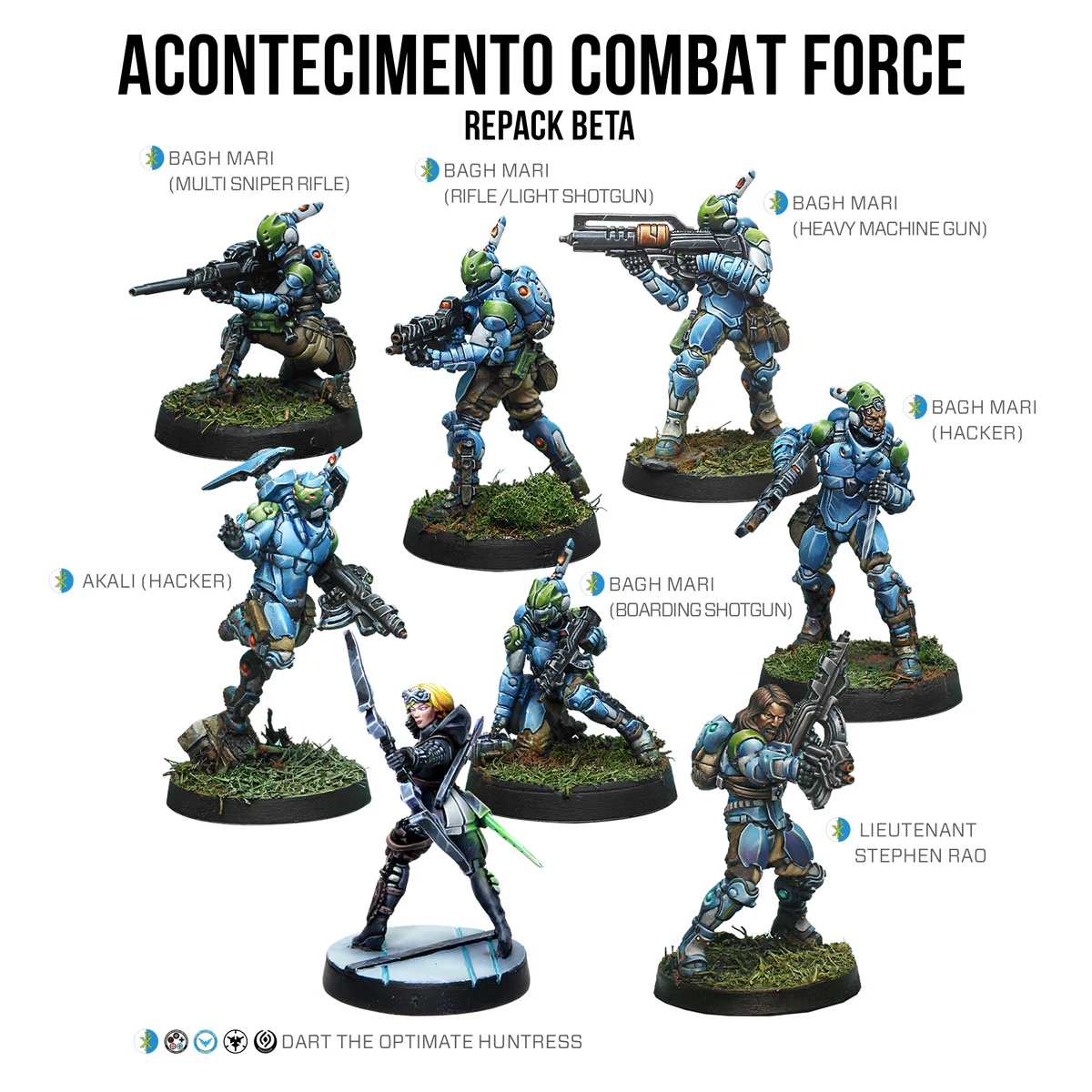eight painted miniatures in blue and green