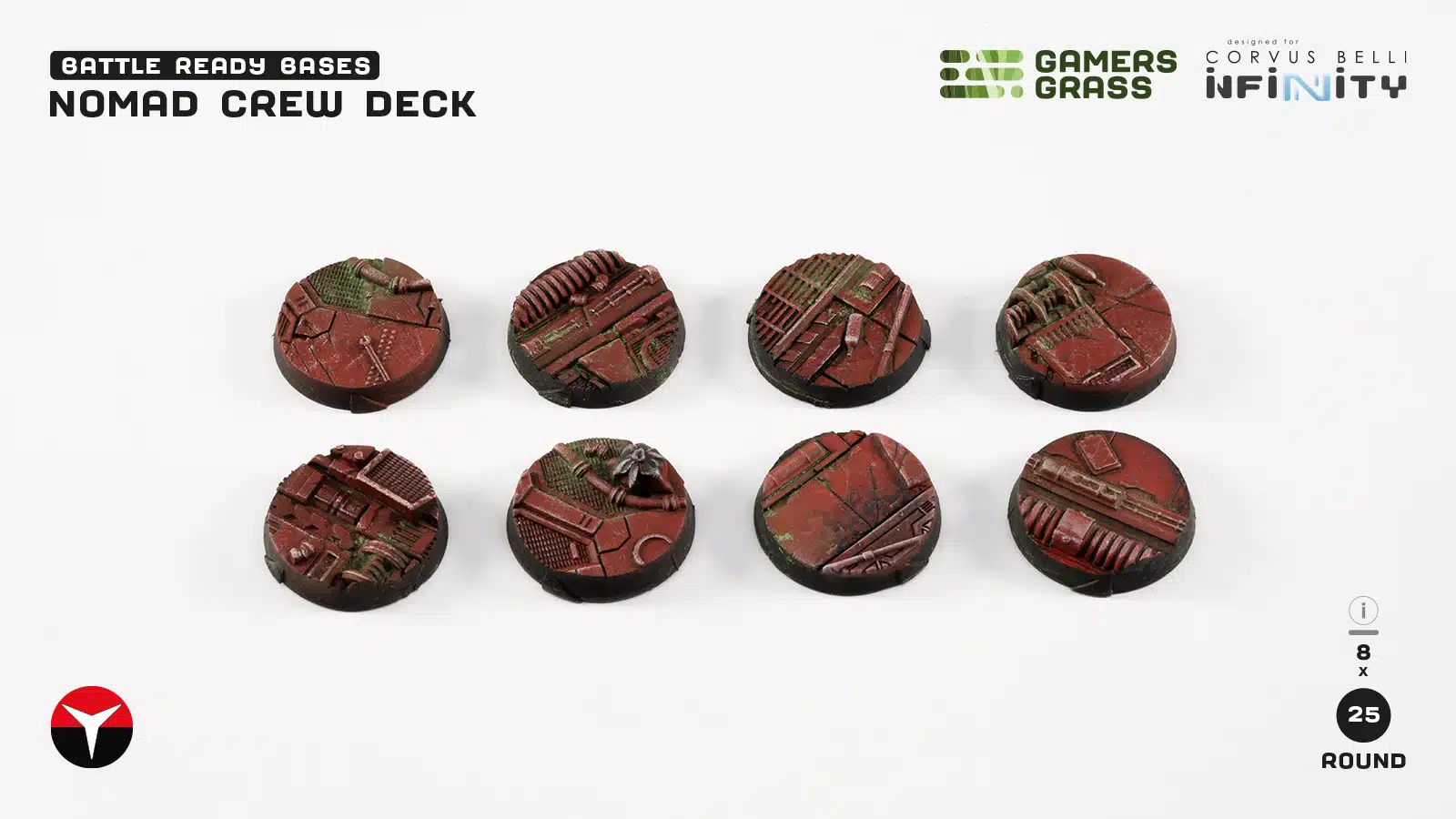 eight red spaceship themed bases